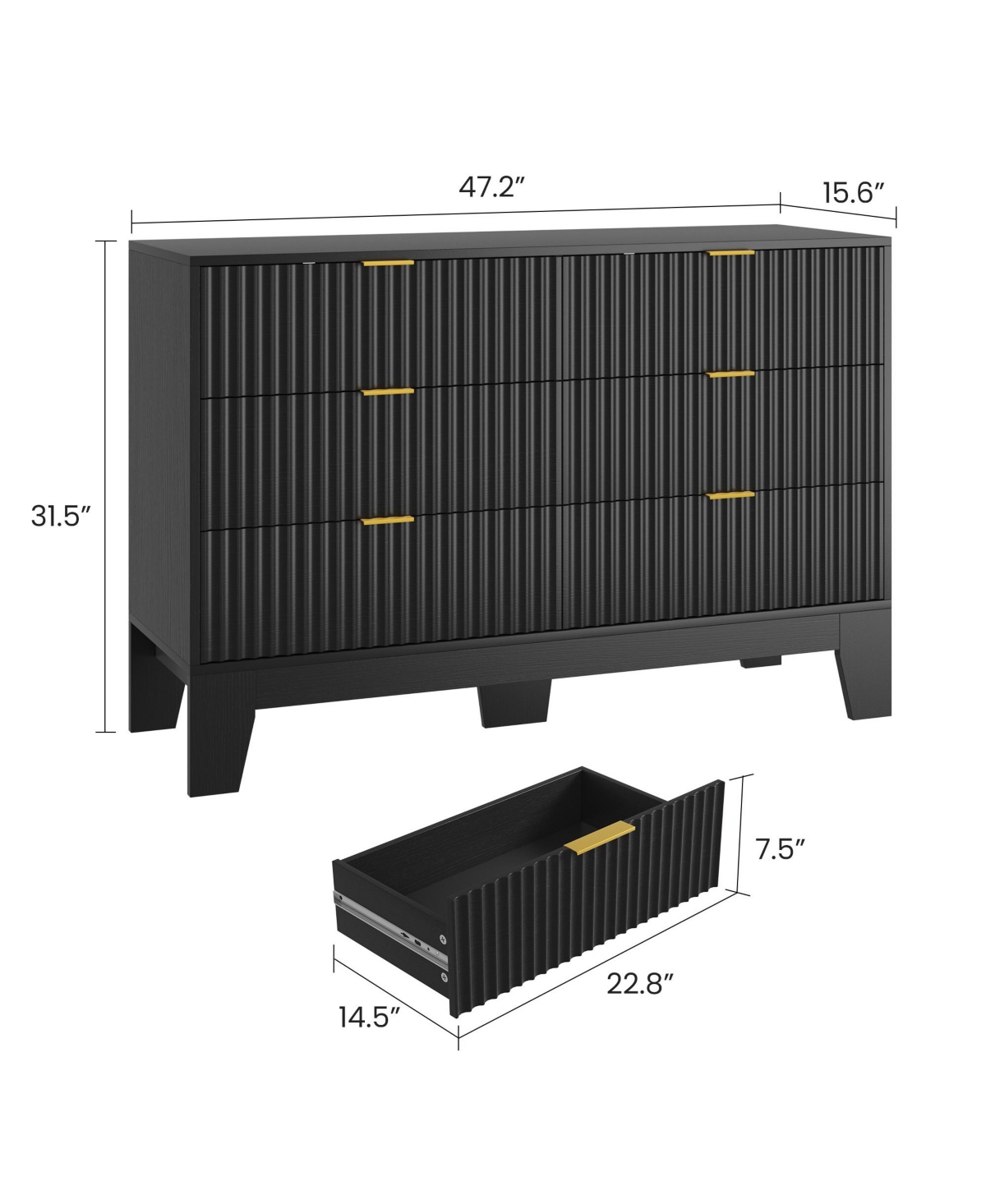 gaomon 6 Drawer Fluted Dresser - Modern Wooden Chest of Drawers with Metal Handle, Clothes Storage Organizer for Bedroom, Hallway, Entryway