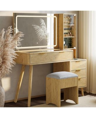 Vanity Desk with Lighted Mirror, Makeup Vanity with Charging Station, Glass Top Dressing Table with Cushioned Storage Stool for Bedroom