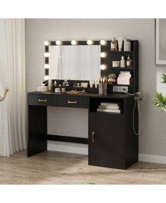  Vanity Desk with Lighted Mirror and Charging Station, Wooden Makeup Vanity Table with 11 Dimmable Bulbs, 3 Drawers, Cabinet, Open Shelves