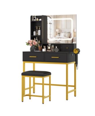 Makeup Vanity Desk with Mirror and Lights, 3-Color LED, 4 Drawers, 2 Shelves, Charging Station, for Bedroom