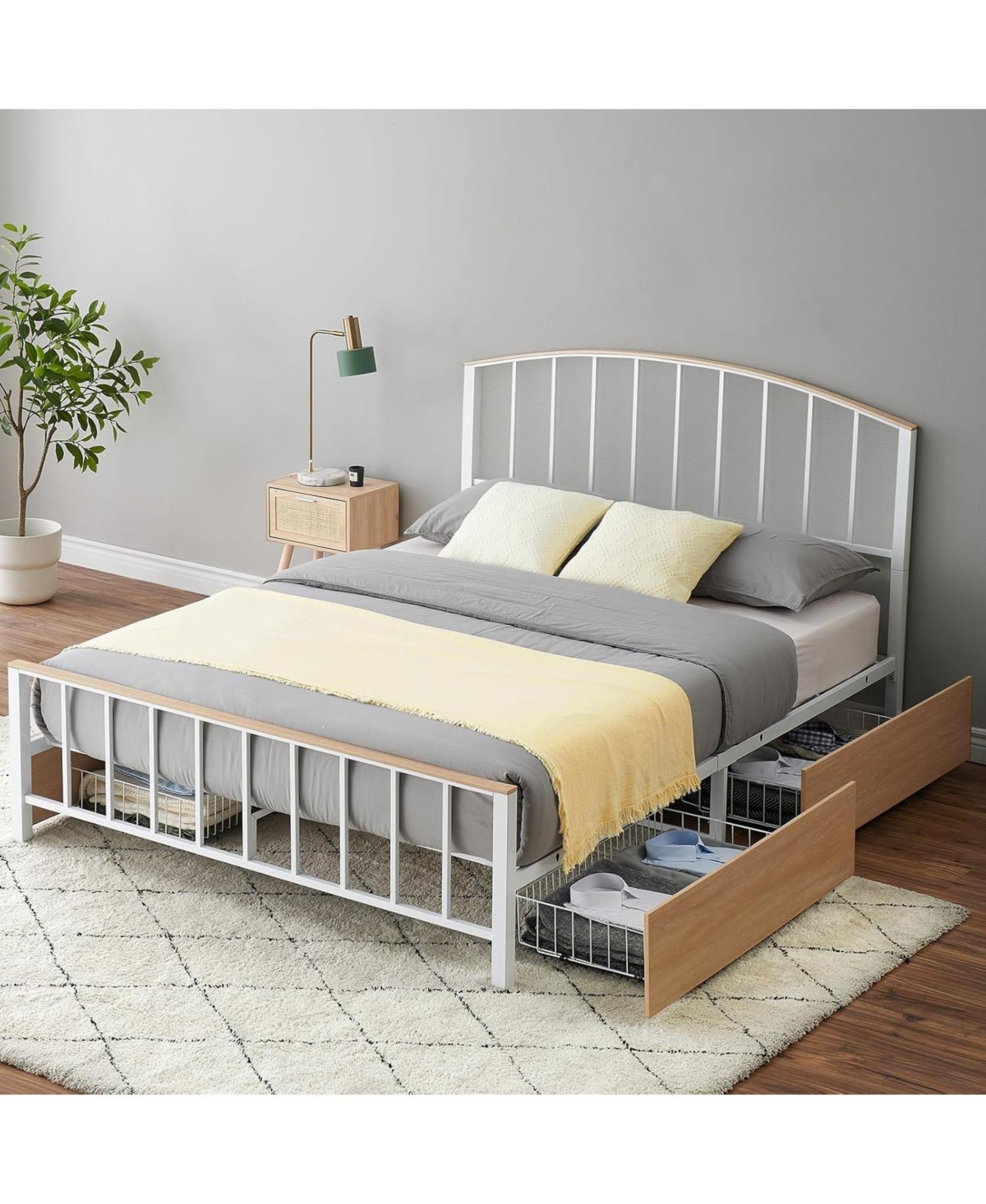 homfan Metal Platform Bed Frame, Four Wheeled Wooden Drawers, Headboard and Footboard, Steel Slat Support, Noise-Free, No Box Spring Required