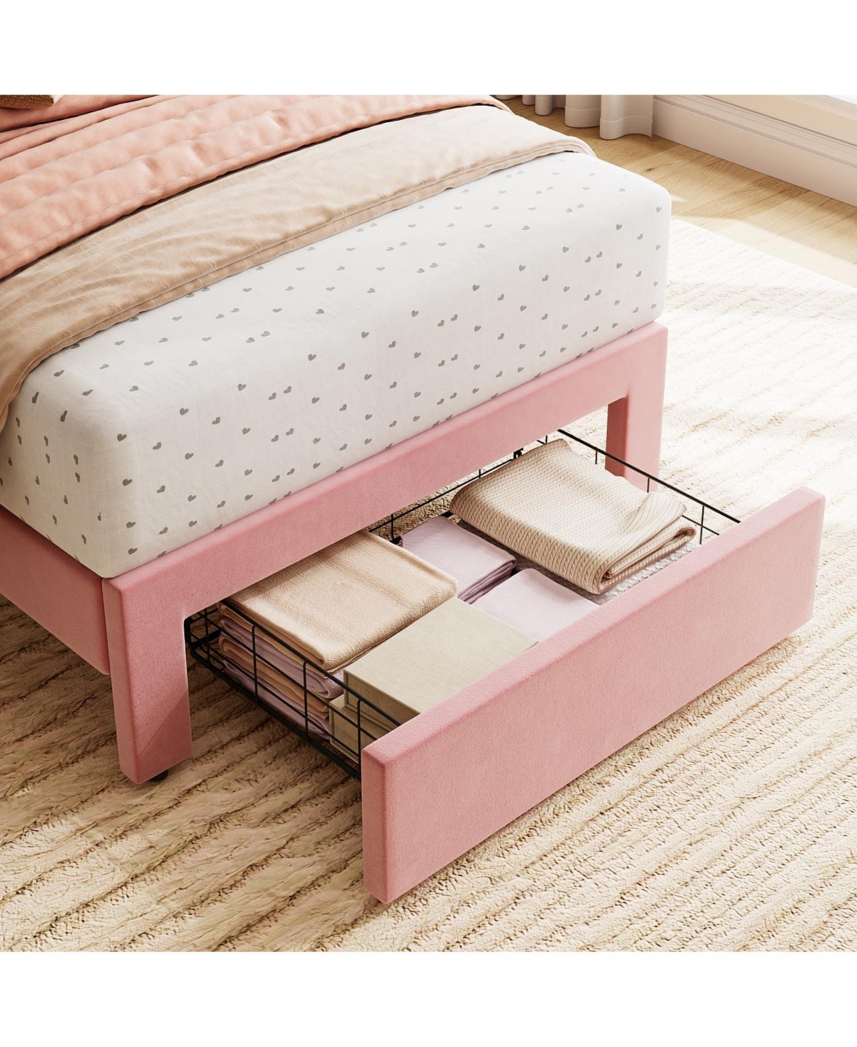 homfan 2 Sets Twin Bed Frame with Under-Bed Drawer, Upholstered Platform Bed with Wave Headboard, Wooden Slats Support