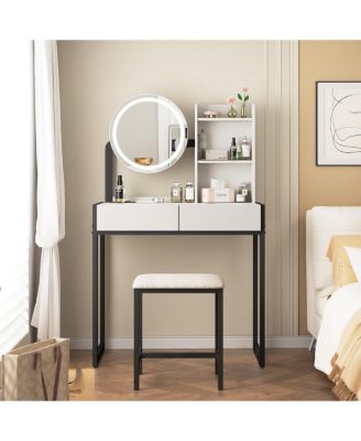 Small Vanity Desk with LED Mirror, Power Outlet, and Cushioned Stool