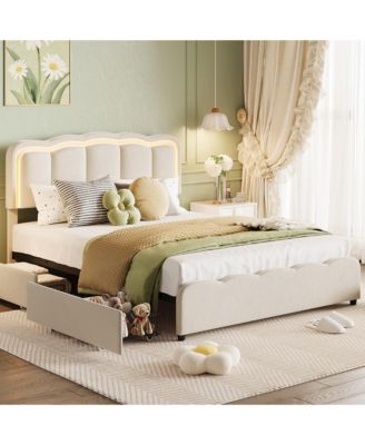 Bed Frame with 2 Storage Drawers, LED Lights, Upholstered Bed with Adjustable Headboard, Wood Slats, No Box Spring, Easy Assembly