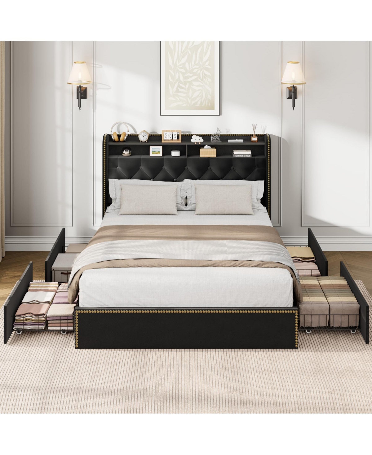 homfan Velvet Bed Frame with 4 Storage Drawers