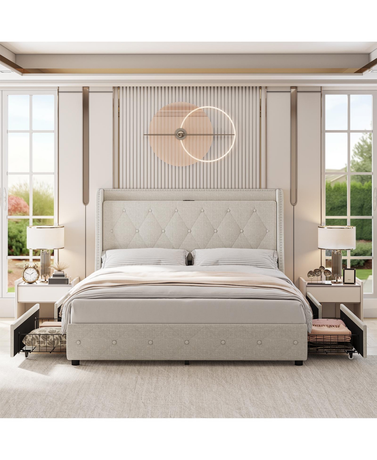 homfan Modern Wingback Upholstered Bed Frame with 4 Storage Drawers, Wooden Slats, Built-in Charging Station