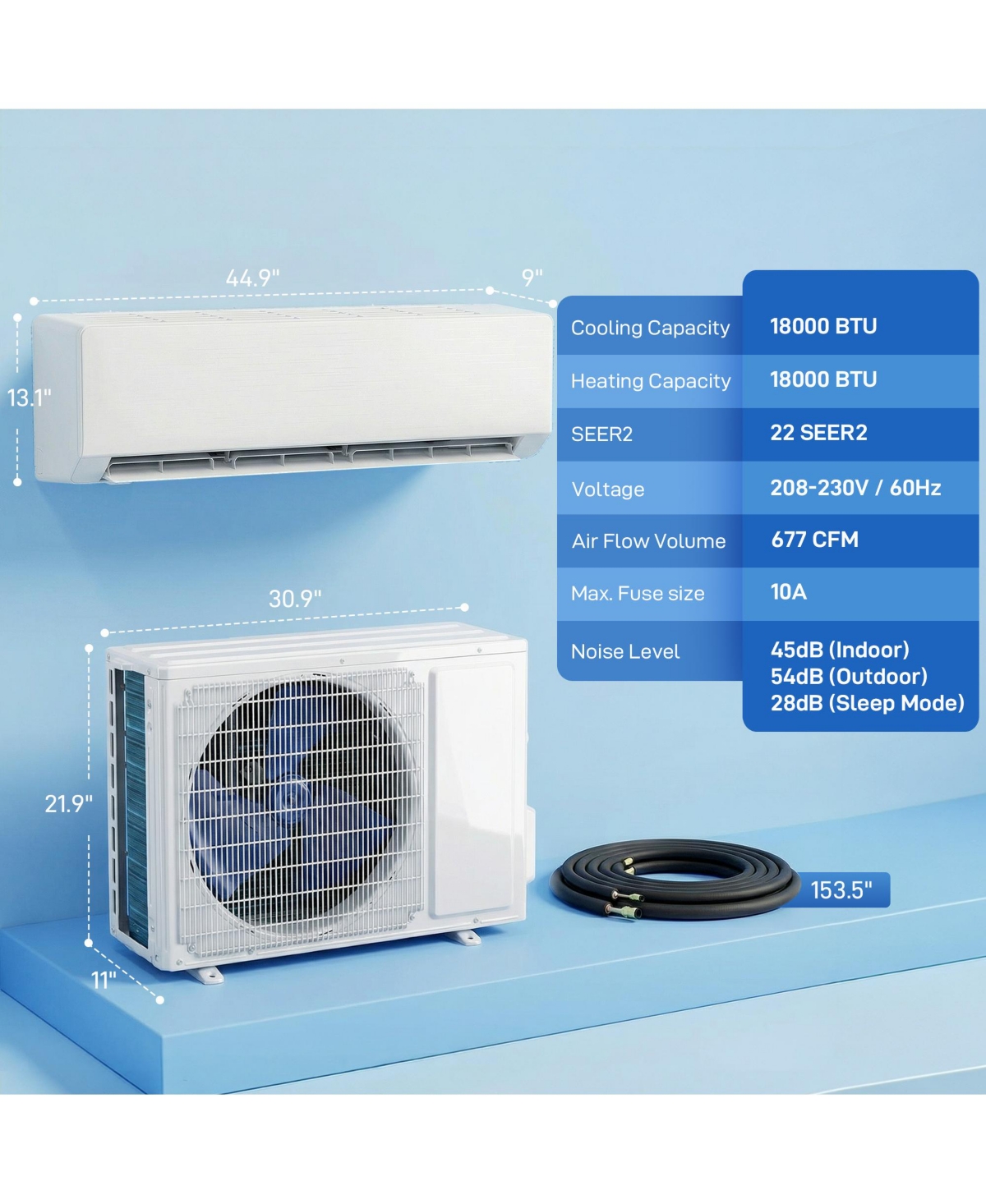 Homcom 18000 Btu Mini Split Air Conditioner, 22 SEER2 Wifi Enabled Ac Unit
