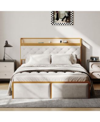 Platform Bed Frame for Kids with Headboard, 2 Storage Drawers, LED Lighting, USB Ports and Power Outlets, Silent, No Box Spring Needed