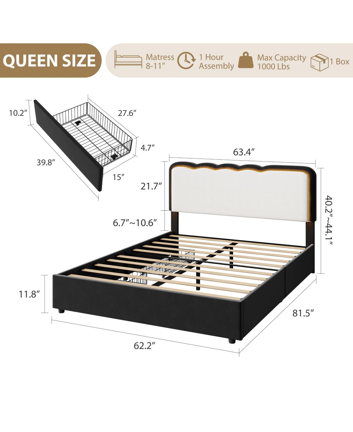 homfan Led Bed Frame with Storage Drawer and Adjustable Headboard, Velvet Princess Platform for Kids