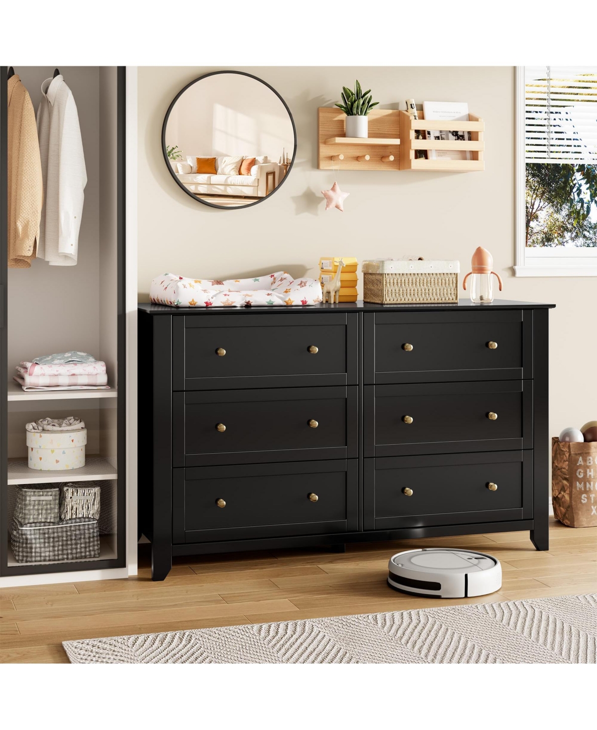 homfan Modern 6-Drawer Wide Dresser Chest with Metal Knobs, Lacquered Finish, Deep Drawer Storage for Bedroom, Entryway or Hallway