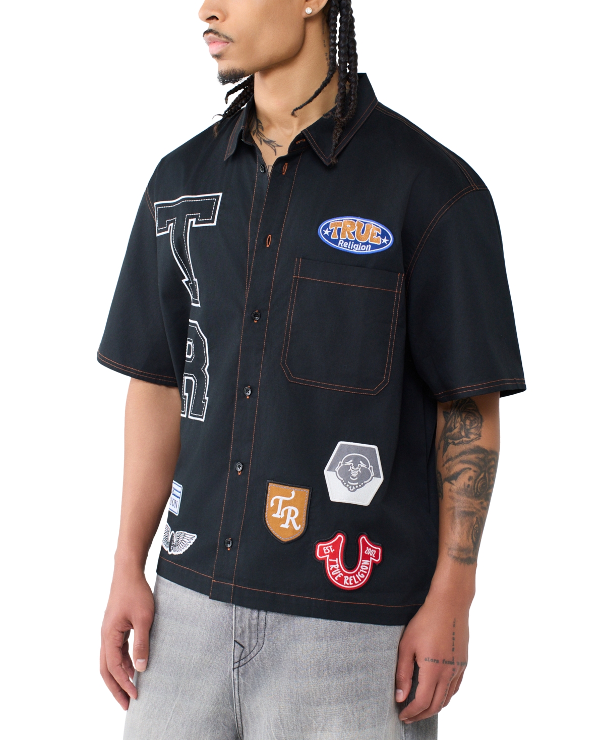 True Religion Men's Black Patch Logo Short-Sleeve Shirt