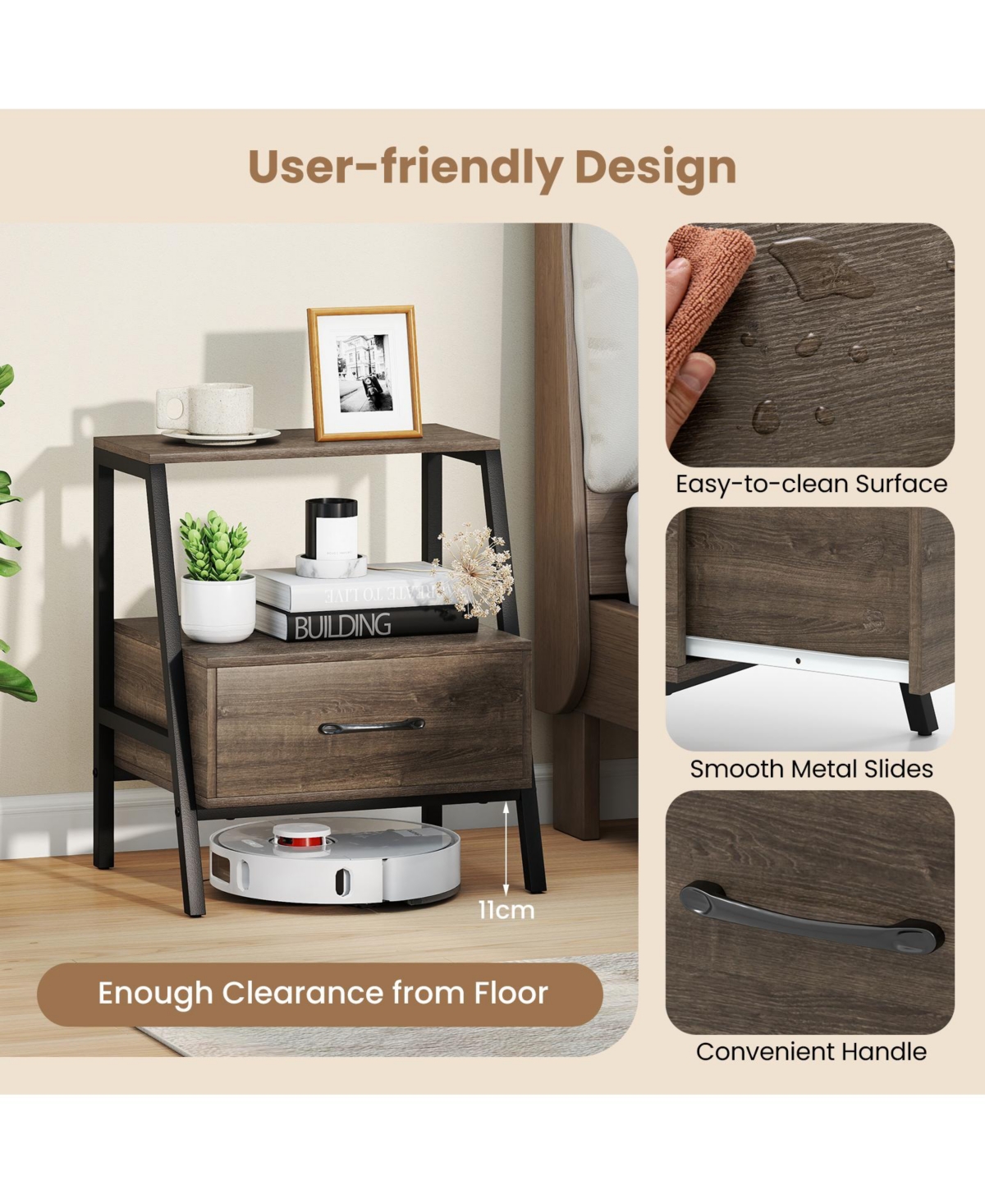 Slickblue Farmhouse Style 3-Tier Nightstand with Open Storage Shelf