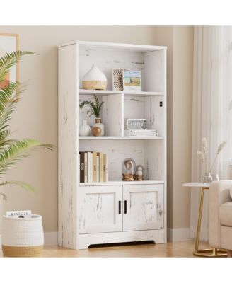 Bookcase with LED Lights Bookshelf with Doors Modern Standing Bookshelves Wooden Unique Book Shelf