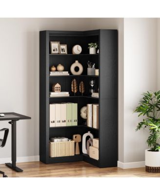 Large Industrial Corner Bookshelf – 5-Tier L-Shaped Wooden Display Shelves