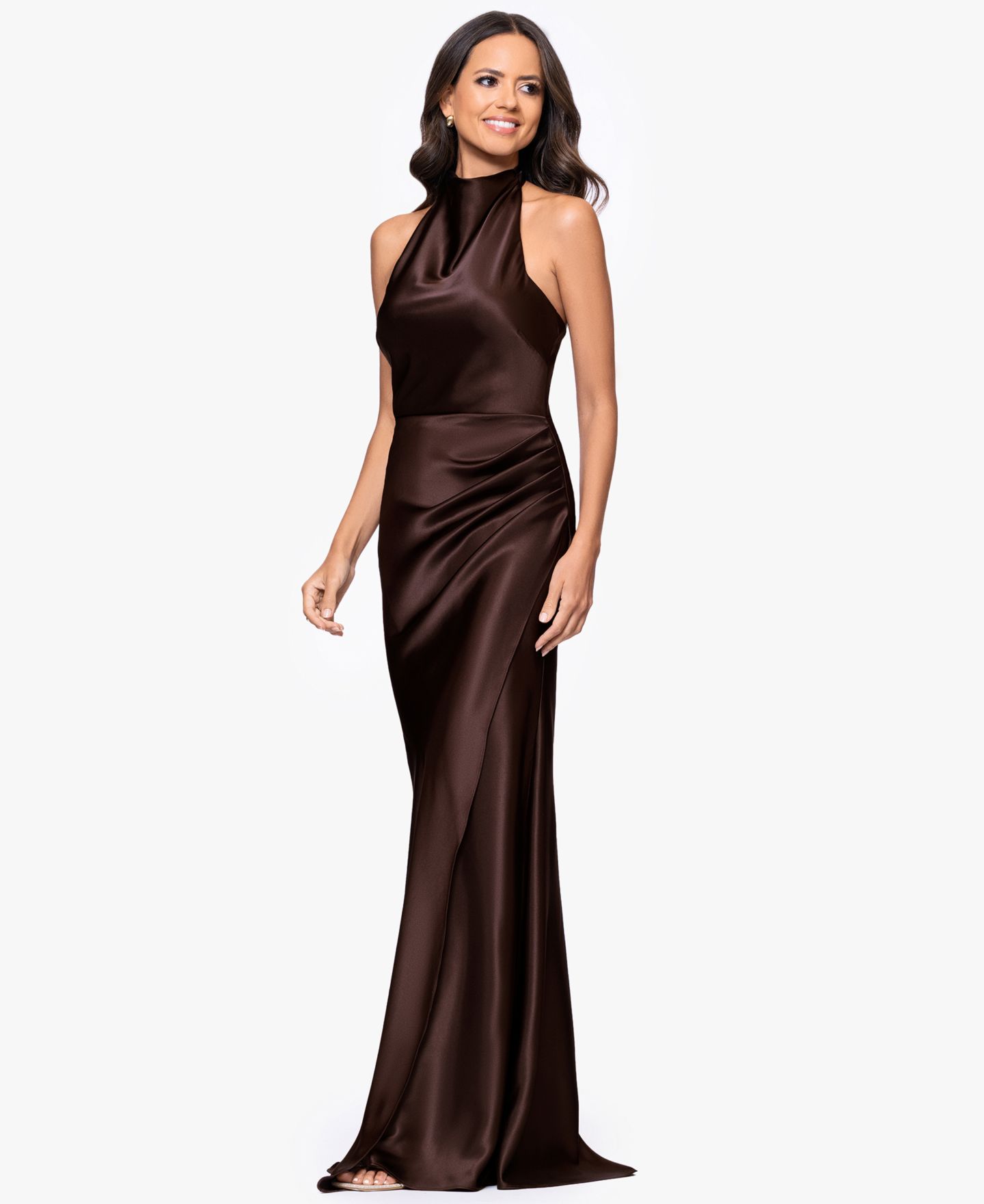Женское платье Betsy & Adam Cowl Halter Neck Charmeuse Long, цвет: Коричневый — фото 3