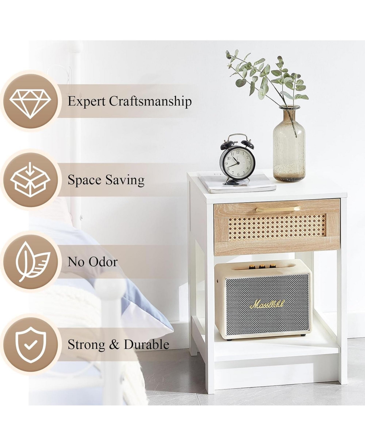 Rainsken Rattan Nightstand, Wooden Bedside Table with Drawer and Open Storage Shelf, End Table for Living Room, Bedroom