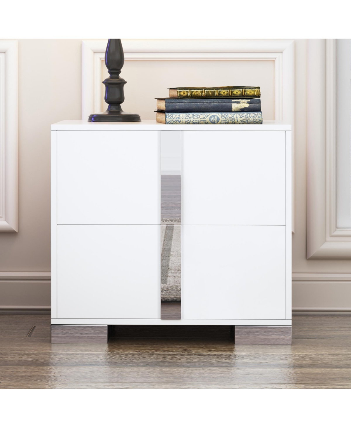 Rainsken Elegant Nightstand with Silver Mirrored Handle and 2 Drawers, Bedside Table, Sofa Side Table, End Table for Living Room