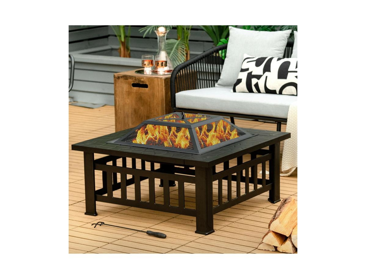 Mondawe 32 Inch 3 in 1 Outdoor Square Fire Pit Table with Bbq Grill and Rain Cover for Camping