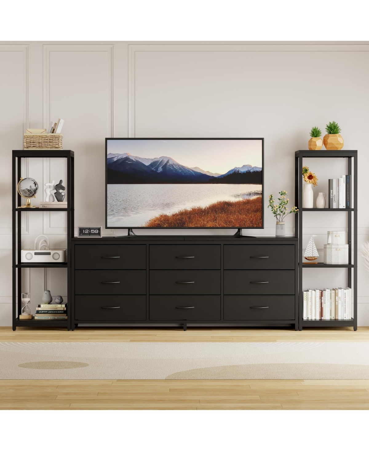 gaomon Tv Stand for 75 Inch Tv, Entertainment Center with Led Lights and Power Outlets, Modern Tv Media Console with 9 Drawers