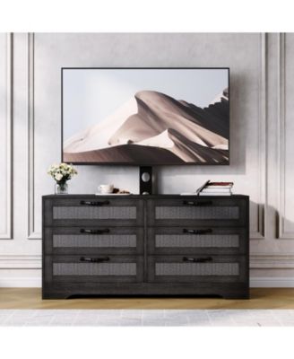 47.2 Rattan TV Stand with Mount for TVs 32-85", Modern Media Console with 6 Rattan Drawers and Adjustable Bracket