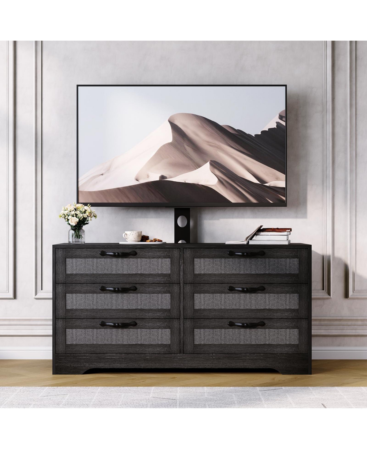 gaomon 47.2 Rattan Tv Stand with Mount for TVs 32–85", Modern Media Console with 6 Rattan Drawers and Adjustable Bracket