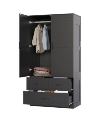 Freestanding Wardrobe Closet with Hanging Rod and 3 Drawers, 70" Tall Wooden Storage Cabinet for Bedroom