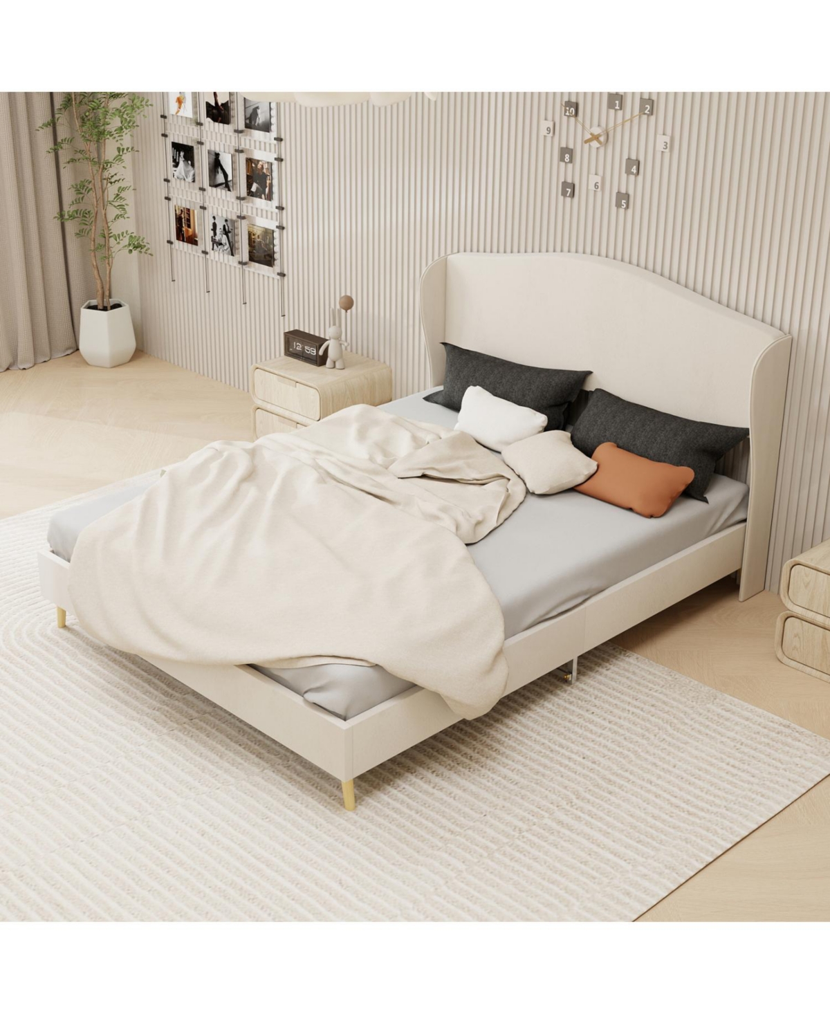 Rainsken Velvet upholstered bed Frame with Headboard, Sturdy and Durable, Wood Slats