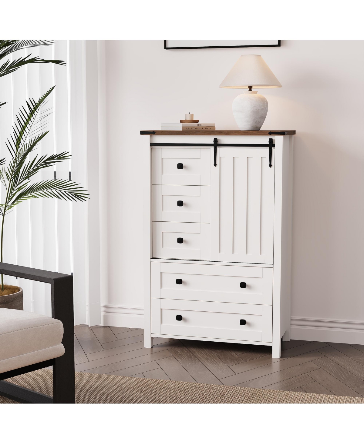 homfan Farmhouse 5 Drawer Dresser for Bedroom, Wood Dresser Chest of Drawer with Sliding Barn Door, Adjustable Shelf