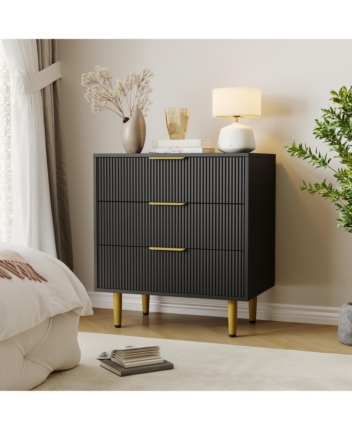 homfan Fluted 3-Drawer Dresser with Faux Marble Top, Gold Handles, Metal Legs, and Storage for Bedroom, Hallway, or Entryway