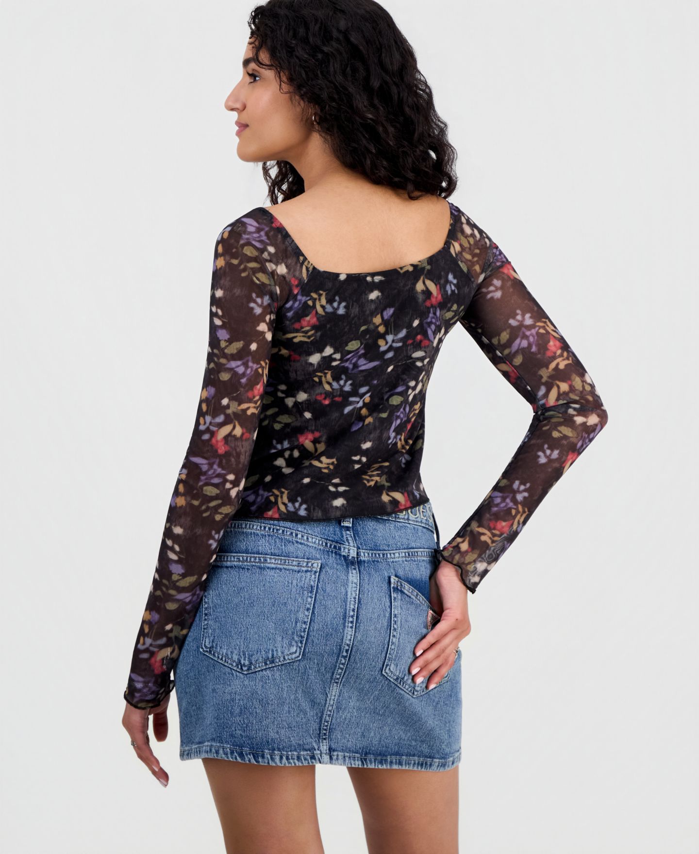 Женский топ Just Polly Juniors' Sweetheart-Neck Long-Sleeve Mesh Top, цвет: Чёрный — фото 3