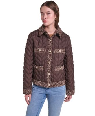 Women's Quilted Tweed-Trim Coat