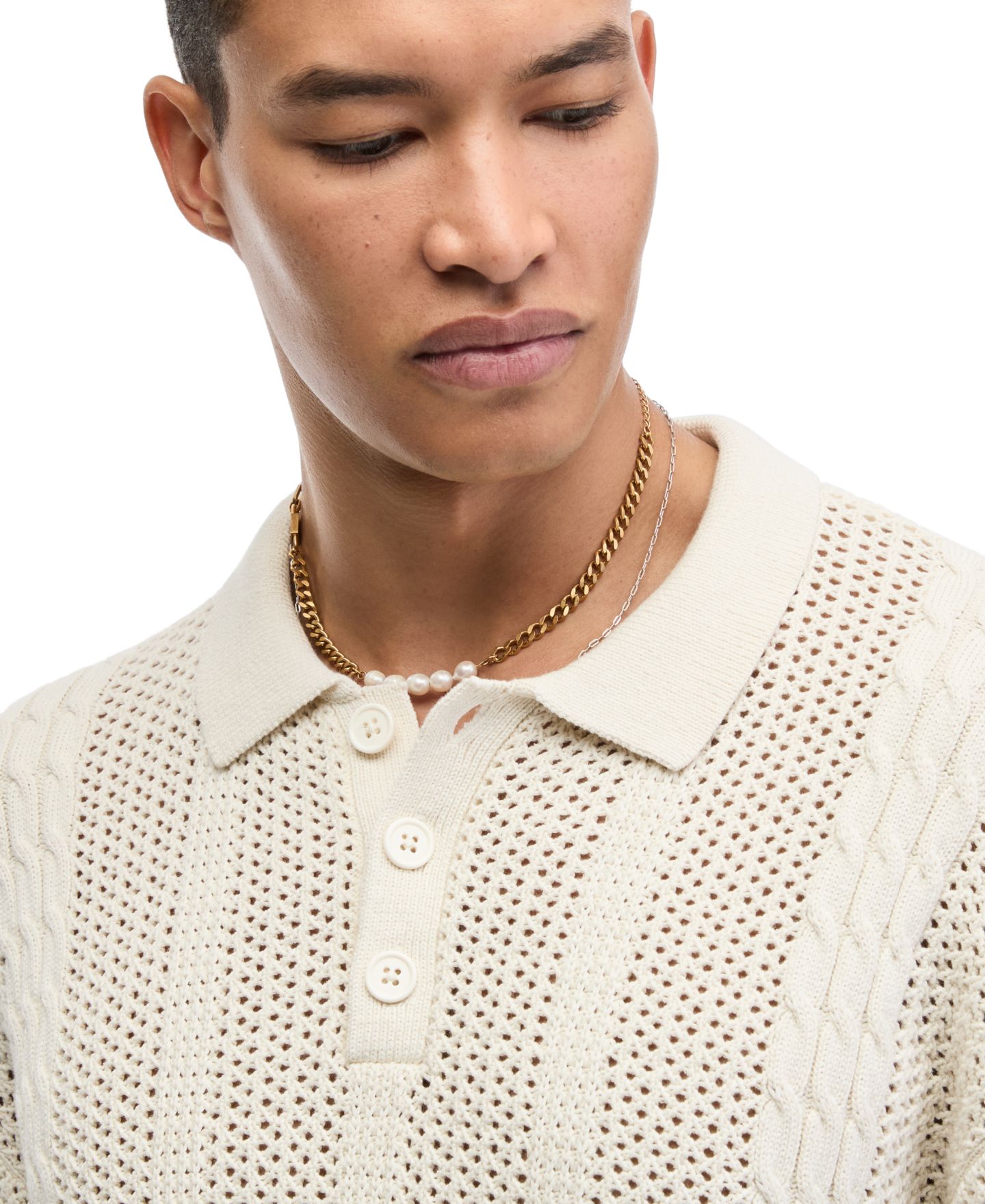 Мужское поло Mode of One Sam Relaxed-Fit Cable-Knit Polo, цвет: Ванильный — фото 3