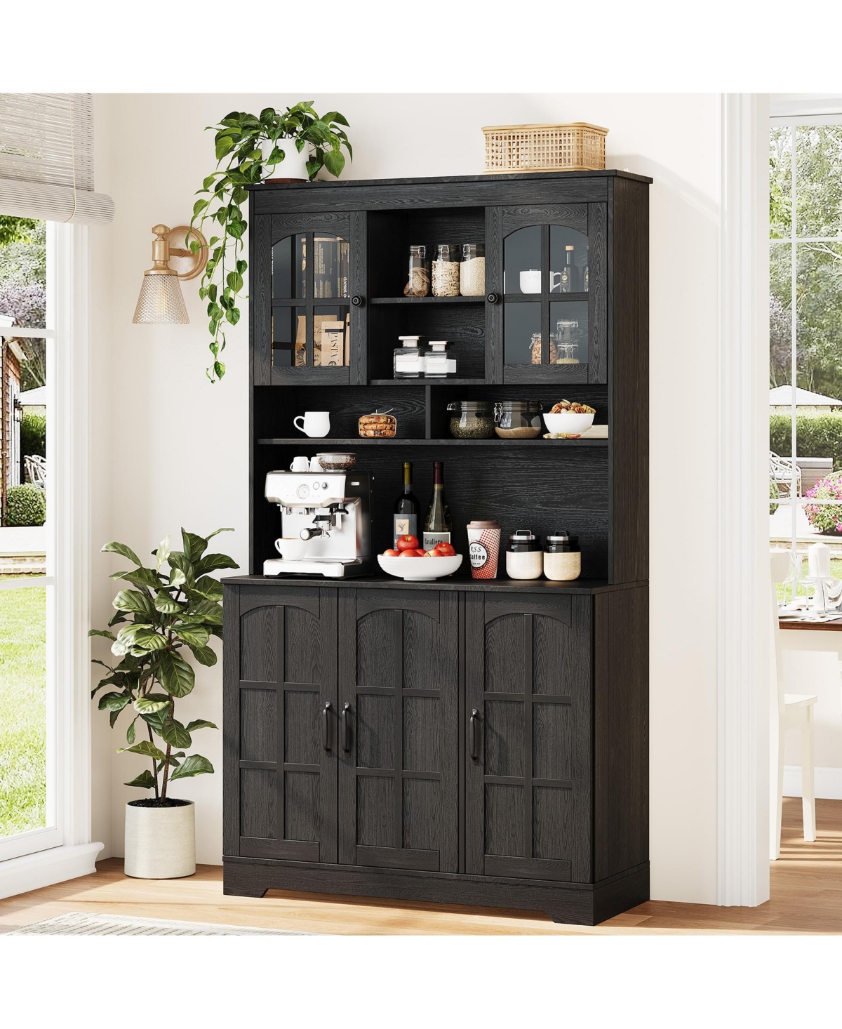 gaomon 70.9-Inch Kitchen Pantry Cabinet with Hutch, Glass Doors and Charging Station for Dining Room