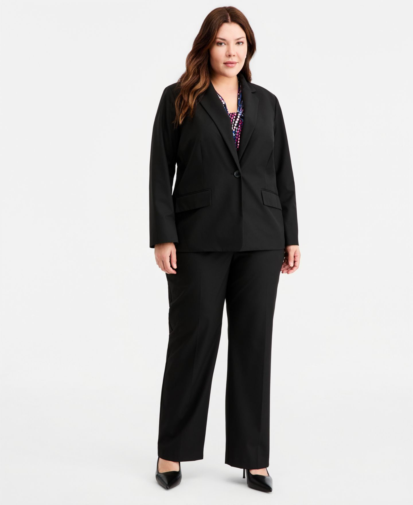 Женские комплекты Kasper Plus Size One-Button Blazer & Mid-Rise Straight Leg Pants, цвет: Чёрный — фото 2