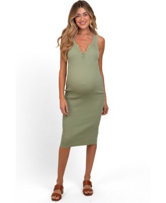Maternity Light Olive Ribbed Fitted Sleeveless Snap Button Dress