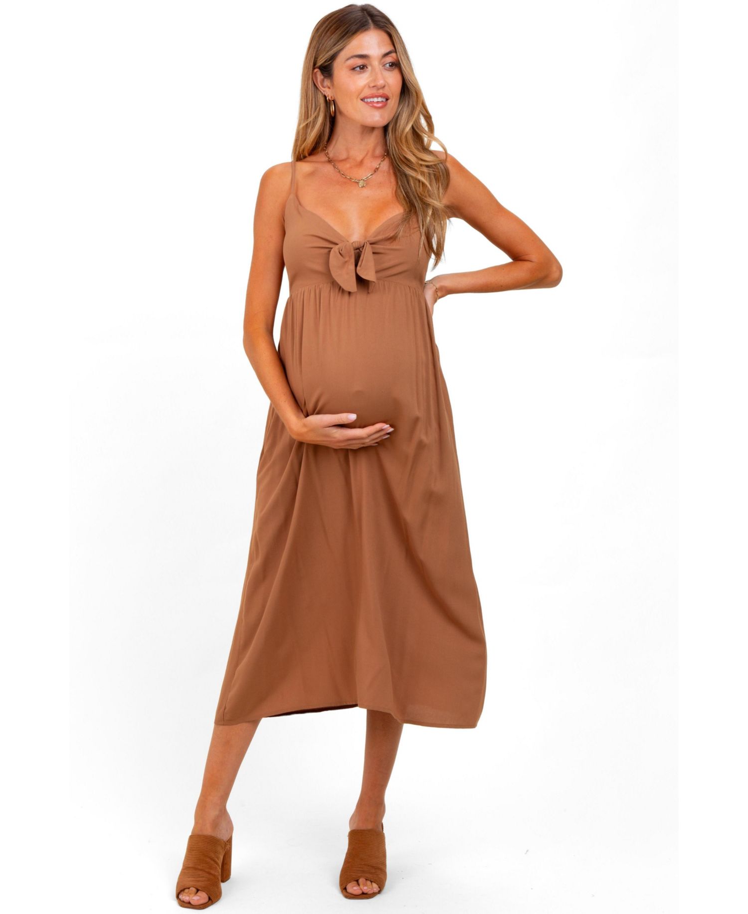 Women's Camel Front Tie Sleeveless Midi Dress