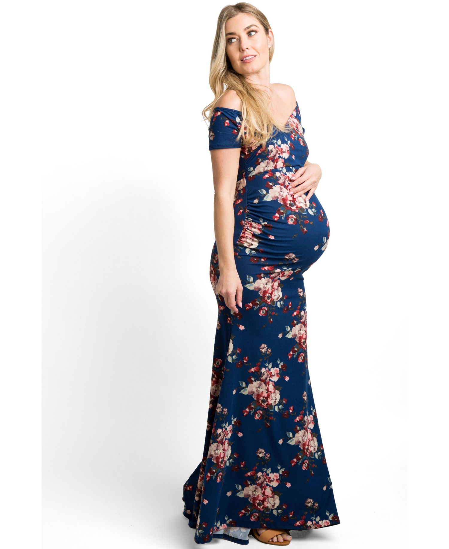 Women's Navy Floral Off Shoulder Wrap Photoshoot Gown/Dress