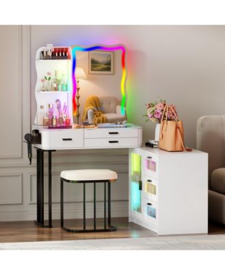 Lvifur RGB Makeup Vanity Desk with Lights, Glass Top Vanity Table