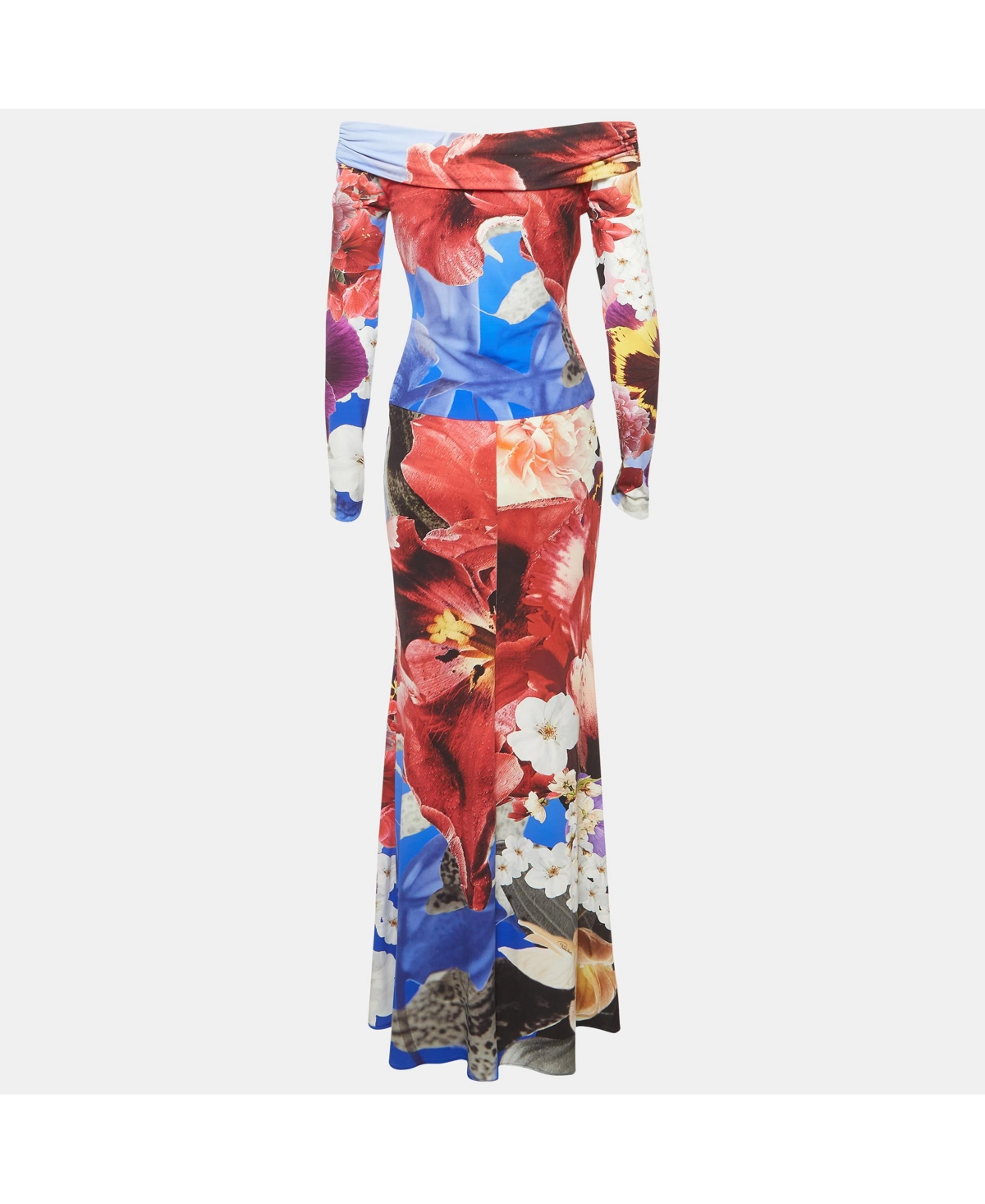 Pre-Owned Roberto Cavalli Women's Multicolor Floral Printed Jersey Off Shoulder Dress