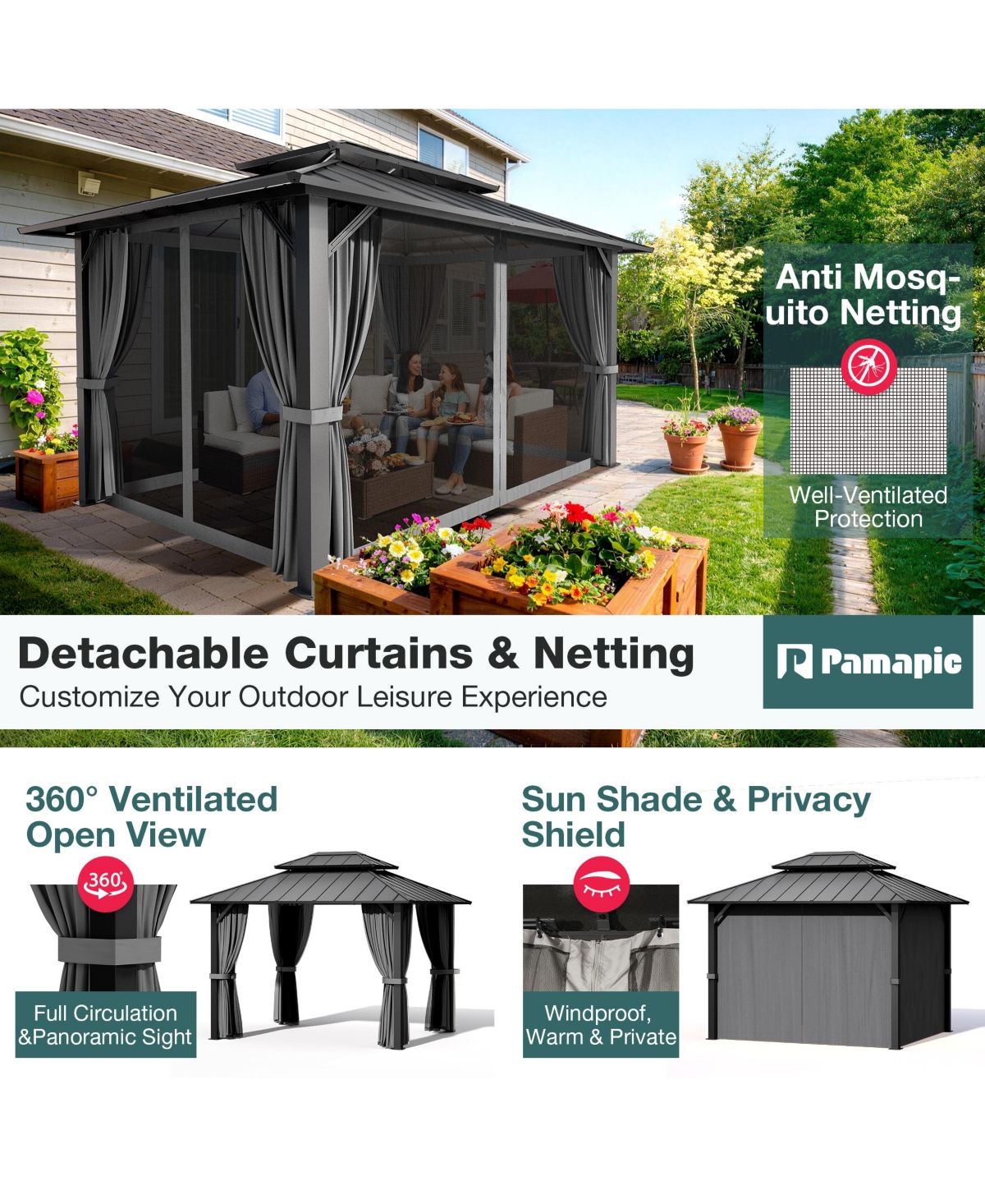 Pamapic Hardtop Gazebo, Galvanized Steel Double Roof Outdoor Pavilion with Breathable Netting and Privacy Curtain, Patio, Backyard