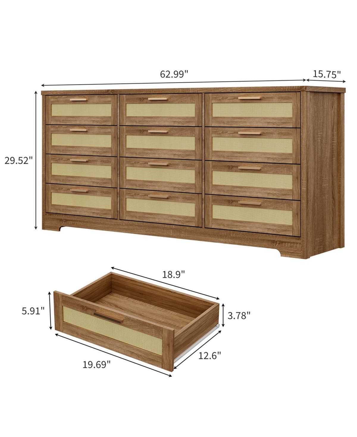 homfan 12-Drawer Rattan Dresser, Modern Chest of Drawers with Panels, Storage Organizer for Bedroom Nursery Entryway Living Room
