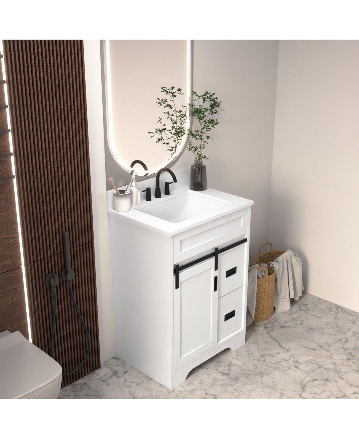 Phying 24 Inch Farmhouse Bathroom Vanity Freestanding Single Undermount Sink Cabinet with Sliding Barn Doors and 2 Drawers