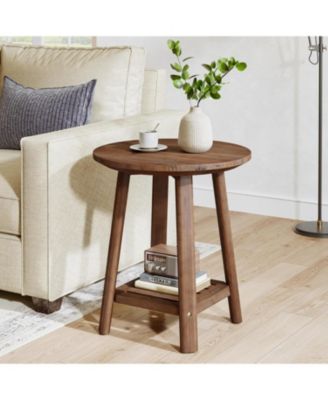 Solid Wood Round Side Table, 2-Tier Small End Table with Storage Shelf