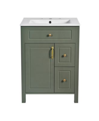 24 Inch Bathroom Vanity with Ceramic Sink Modern Freestanding Bathroom Cabinet with 2 Soft Close Drawers and Double Door Storage Racks
