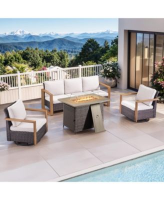 4 Pieces Patio Furniture Set with Propane Fire Pit Table, Deep Seating Wicker Sofa Couch with Swivel Glider Chairs Set Patio Conversation Set