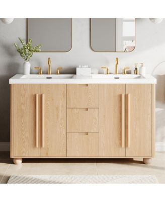 59 Inch Double Sink Bathroom Vanity with Resin Top, Wood Grain Freestanding Cabinet, Soft Close Drawers, Adjustable Shelves