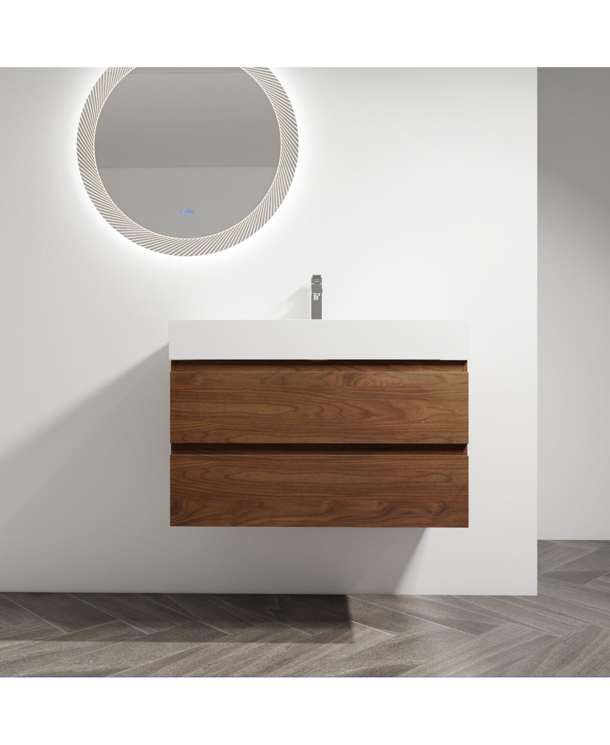 Sillysis 35.4 Inch Wall Mounted Bathroom Vanity with Resin Sink, Soft Close Drawers, Wood Grain Plywood for Modern Bathrooms - Brown oak