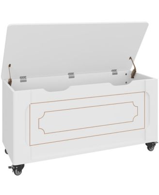 Farmhouse Storage Chest, 39.4" Wooden Bench with 4 Wheels, 350 Lbs Capacity, Safety Hinges, for Entryway Living Room Bedroom