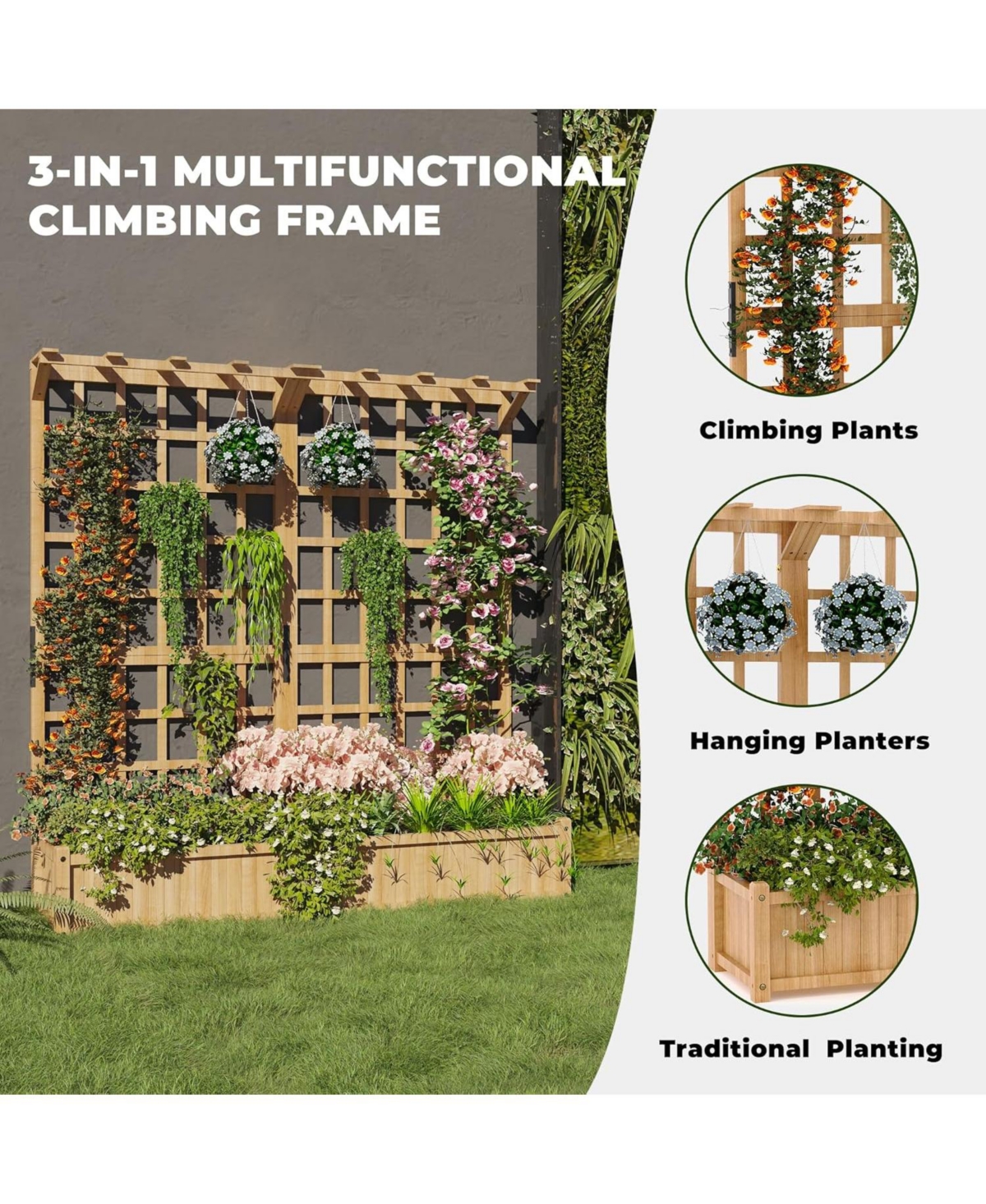 Xo 2-Tier Wooden Planter Box with Trellis, Elevated Raised Garden Bed with Roof and Drainage for Vegetables, Flowers