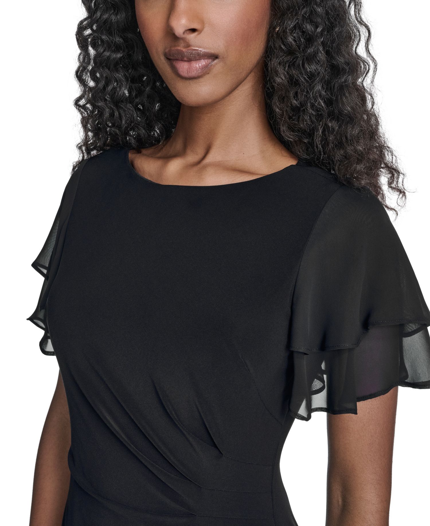 Petite Flutter-Sleeve Tuck Faux Wrap Sheath Dress